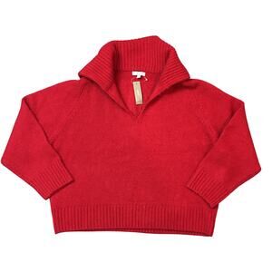 NWT J.CREW Johnny-collar sweater with ribbed Trim Red Merino wool alpaca Blend